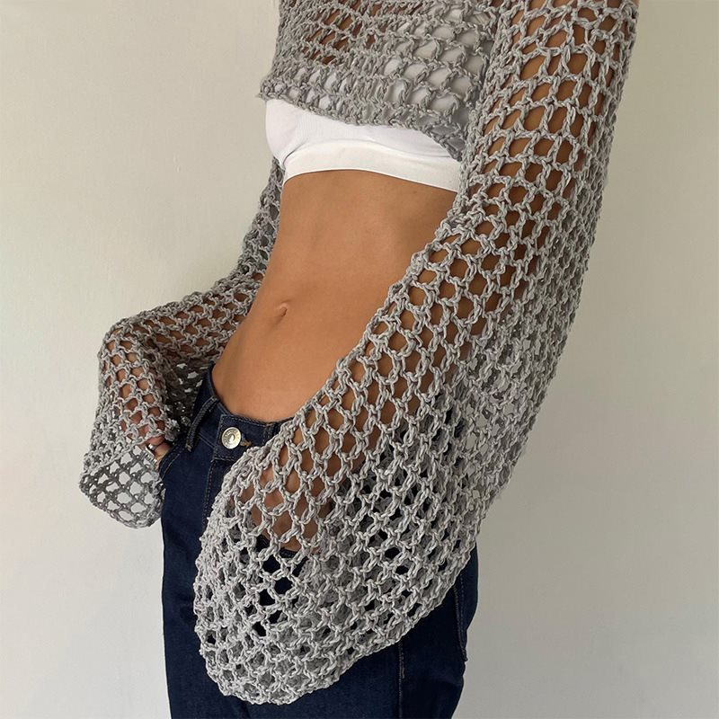 Mesh Top Layering - Top corto all'uncinetto a maniche lunghe
